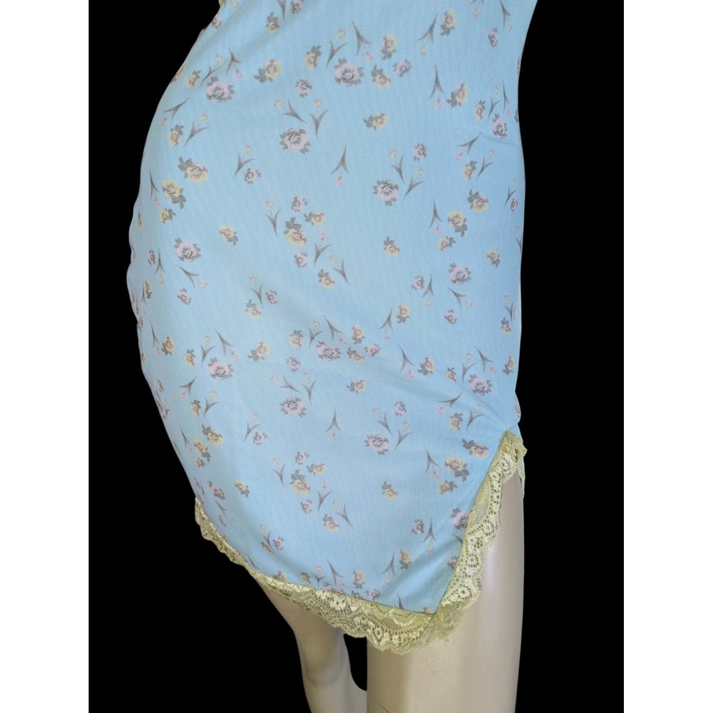 Pale Blue Floral Mini Slip Dress, Rose Print Mesh Overlay, Medium - Picture 3 of 8